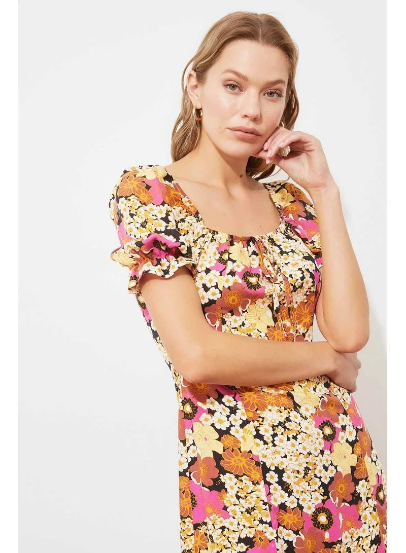trendyol Short Sleeves Square Neck Woven Floral Print Midi Dress Multicolour