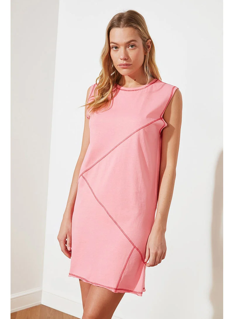 trendyol Sleeveless Stitch Detail Round Neck Shift Mini Dress Pink