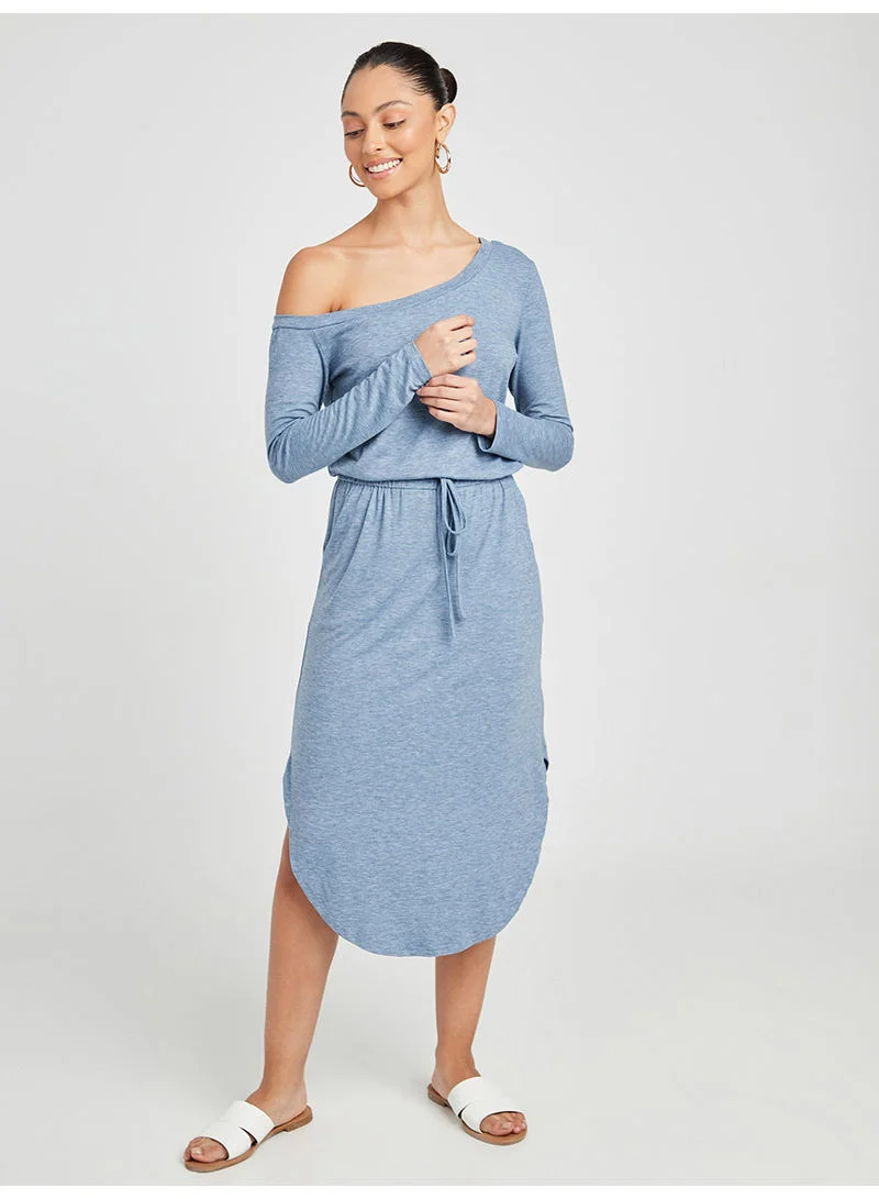 Closet By Styli Fallen Shoulder Long Sleeves T-Shirt Midi Dress Blue