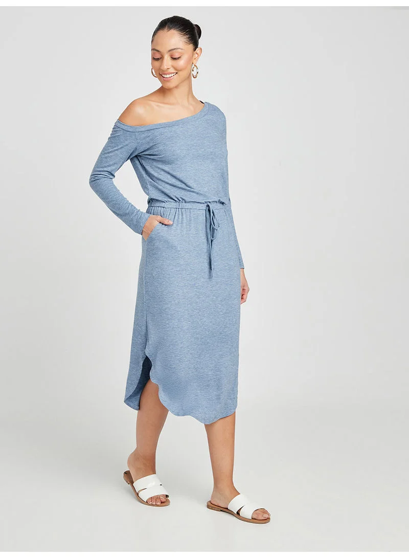 Closet By Styli Fallen Shoulder Long Sleeves T-Shirt Midi Dress Blue