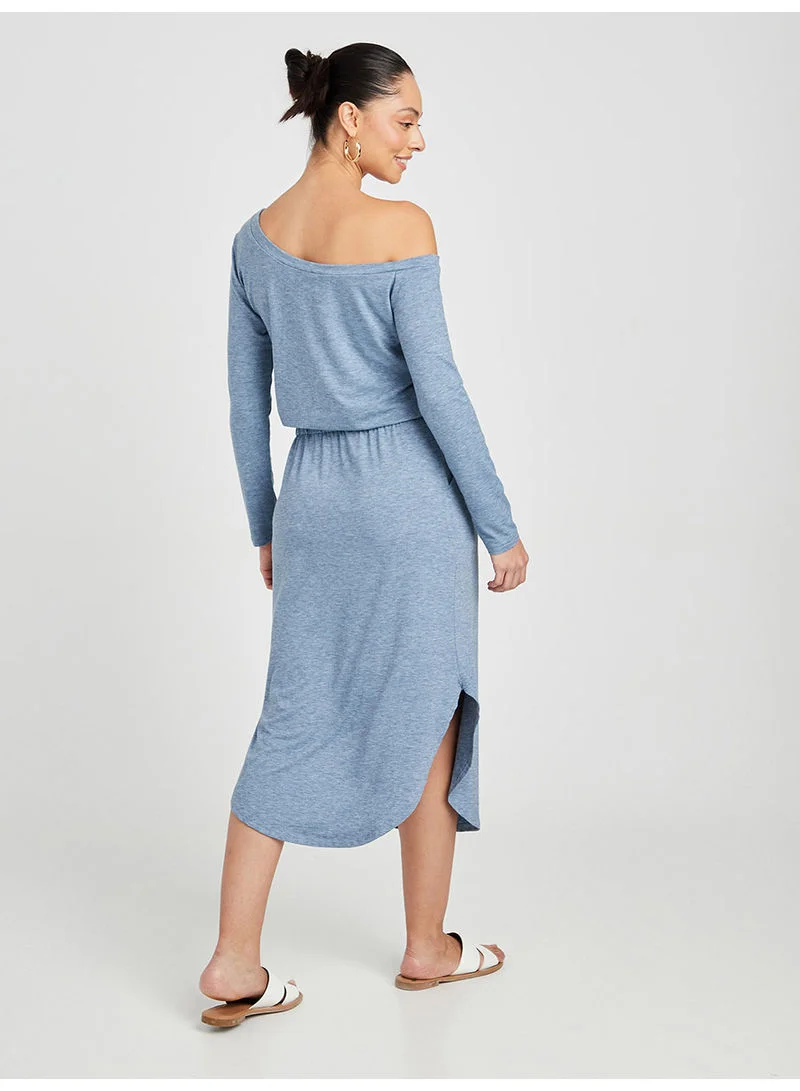 Closet By Styli Fallen Shoulder Long Sleeves T-Shirt Midi Dress Blue