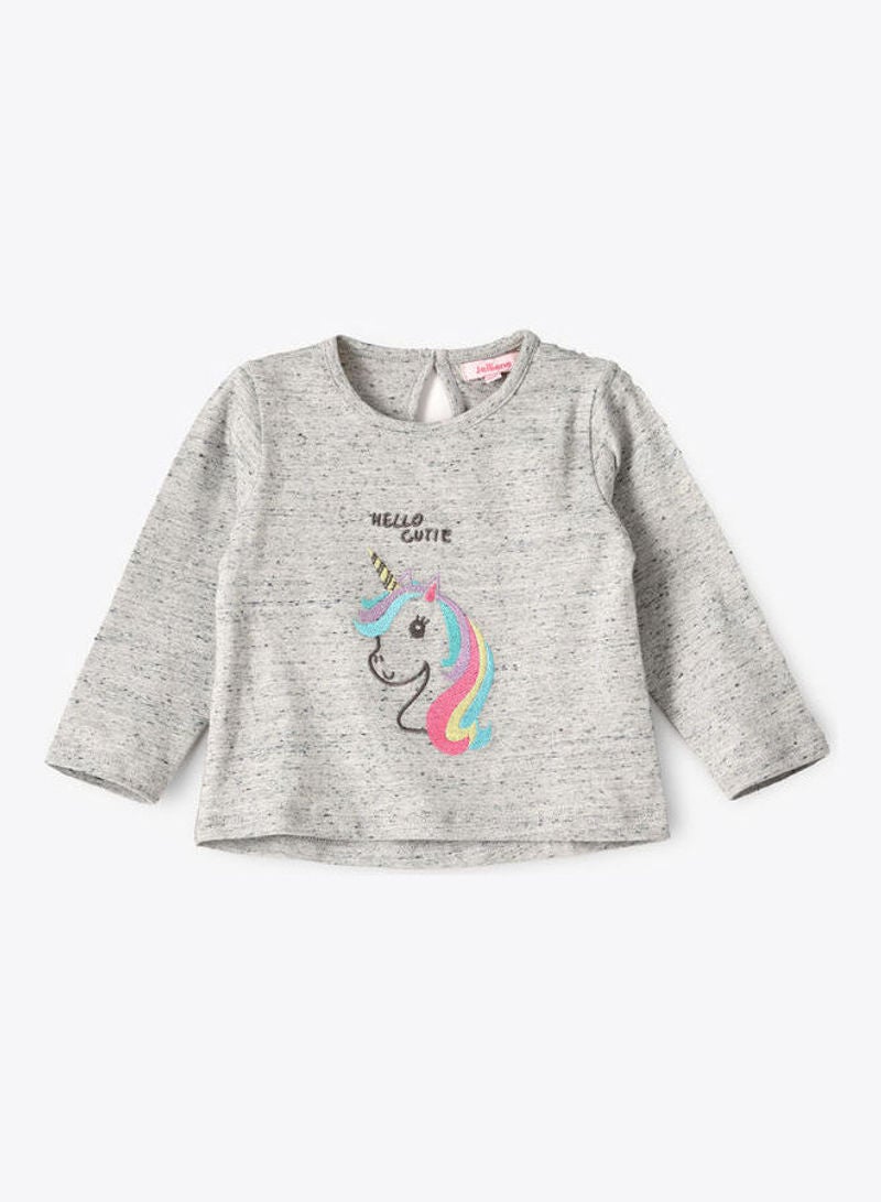 Jelliene Round Neck Long Sleeve Knit T-Shirt Light Grey Melange - Image 1