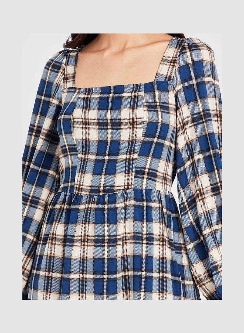 Closet By Styli Long Sleeves Square Neck Checked Mini Dress Blue