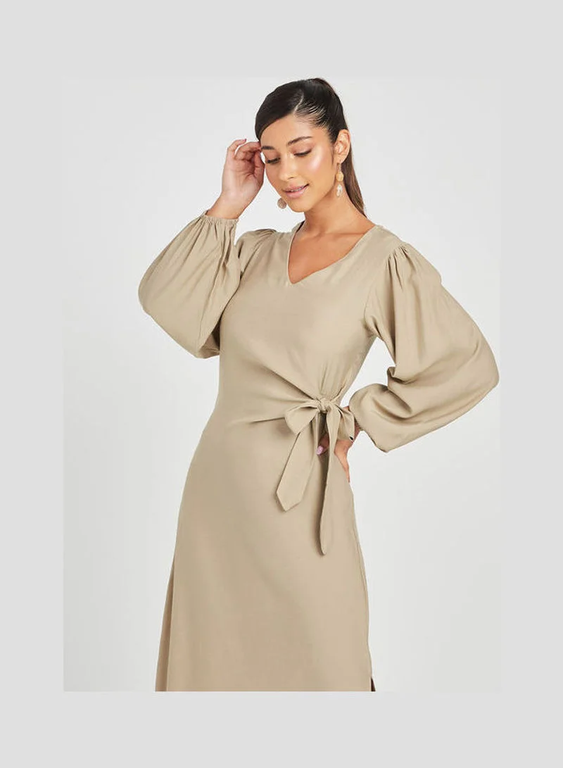 Closet By Styli Volume Long Sleeves V-Neck Side Tie Up Midi Dress Beige