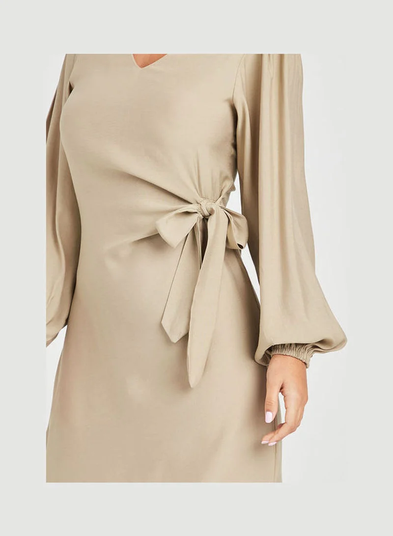 Closet By Styli Volume Long Sleeves V-Neck Side Tie Up Midi Dress Beige