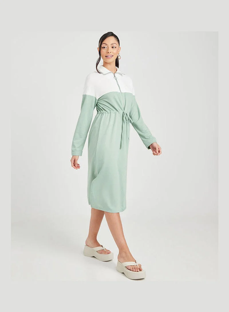 Closet By Styli Three-Quarter Sleeves Colourblock A-Line Midi Dress Green/White