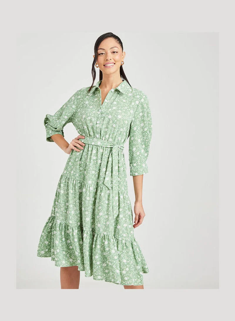 Closet By Styli Three-Quarter Sleeves Collar Neck Floral Print Tiered Midi Dress Green