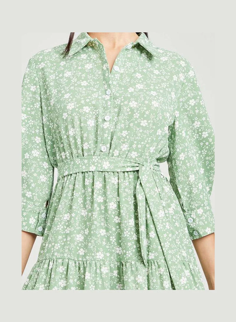 Closet By Styli Three-Quarter Sleeves Collar Neck Floral Print Tiered Midi Dress Green