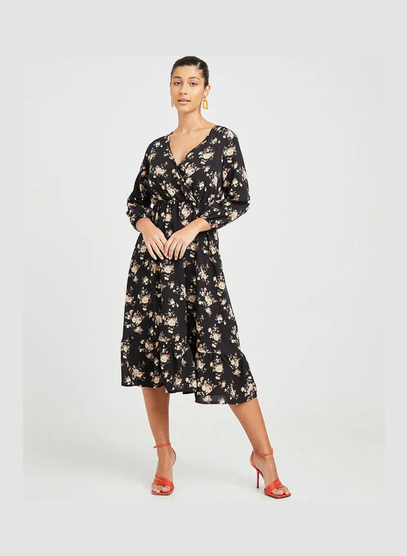 Closet By Styli Three-Quarter Sleeves Floral Print Wrap Front A-Line Midi Dress Black