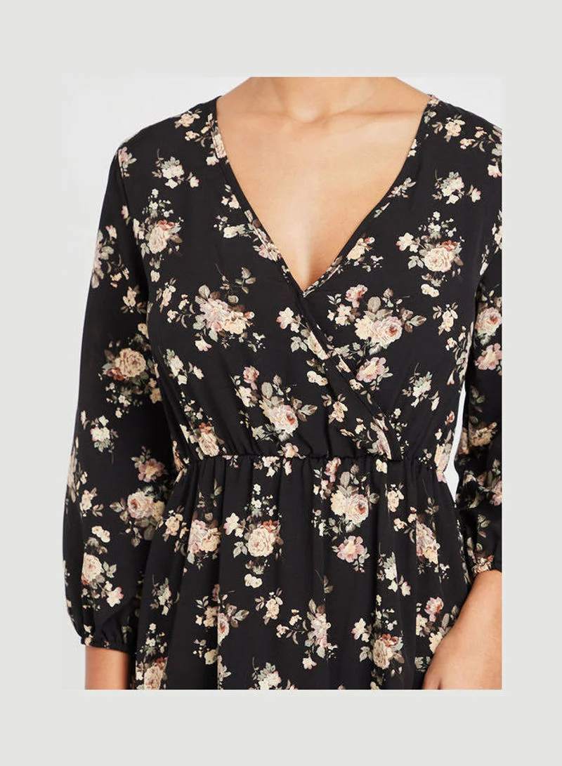 Closet By Styli Three-Quarter Sleeves Floral Print Wrap Front A-Line Midi Dress Black