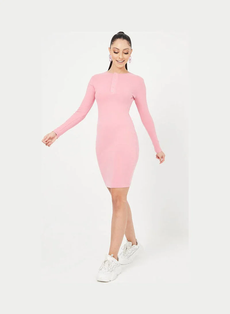 Closet By Styli Long Sleeves Round Neck Knitted Bodycon Mini Dress Pink