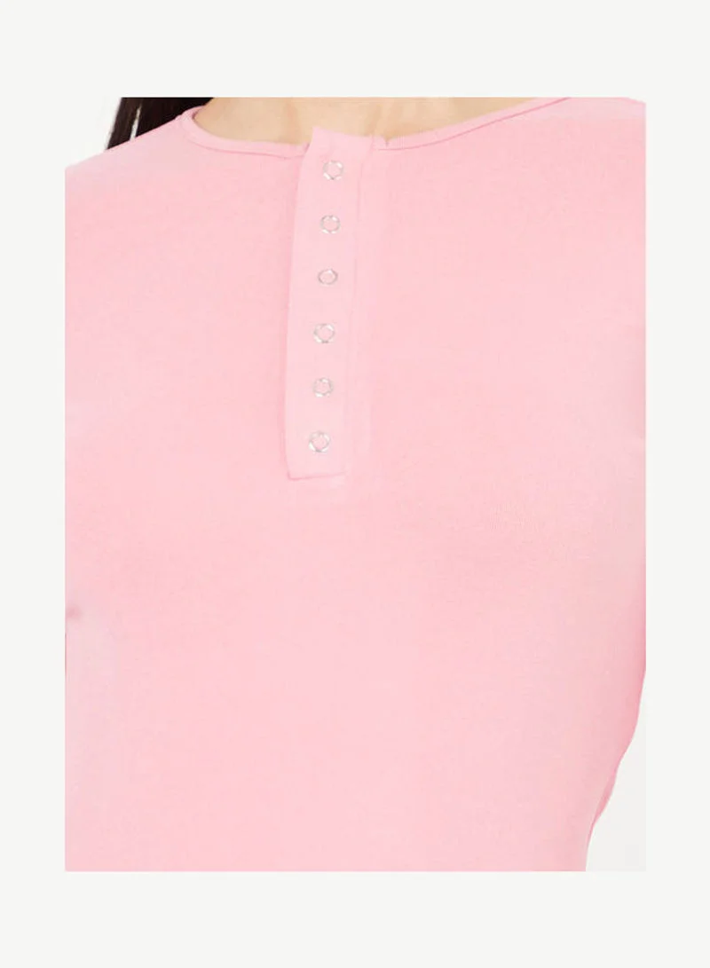 Closet By Styli Long Sleeves Round Neck Knitted Bodycon Mini Dress Pink