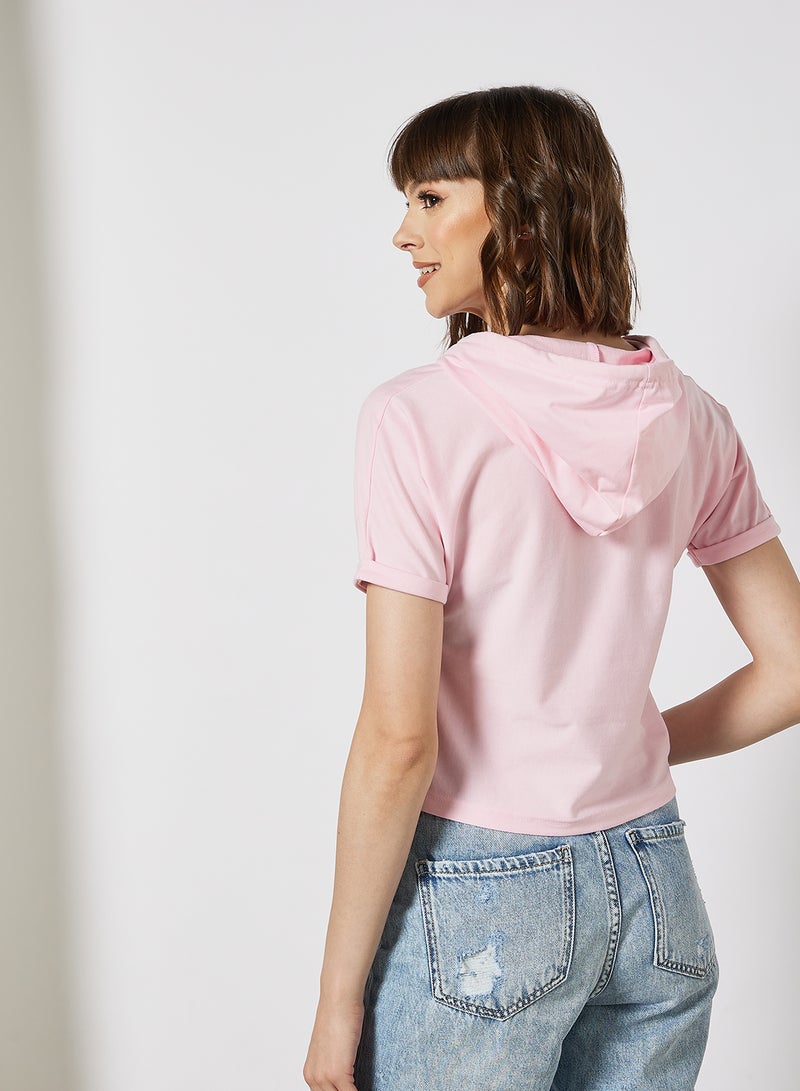 Campus Sutra - Slogan Printed Drawstring Neck Hoodie Pink - Image 1