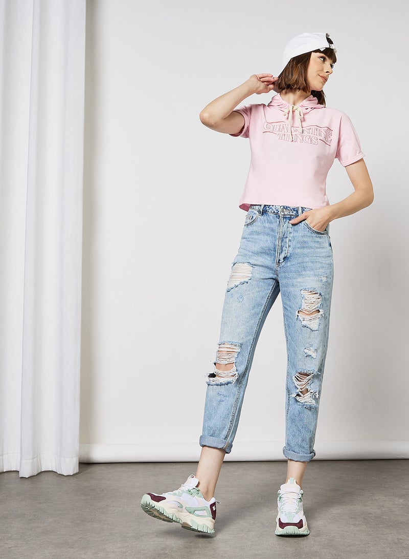 Campus Sutra - Slogan Printed Drawstring Neck Hoodie Pink - Image 1