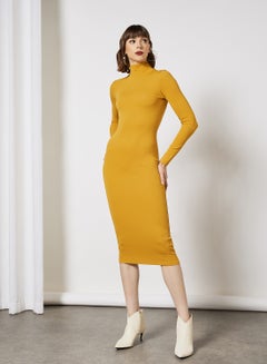 Casual High Neck Long Sleeve Bodycon Long Evening Maxi Solid Knit Dress 29 Sand