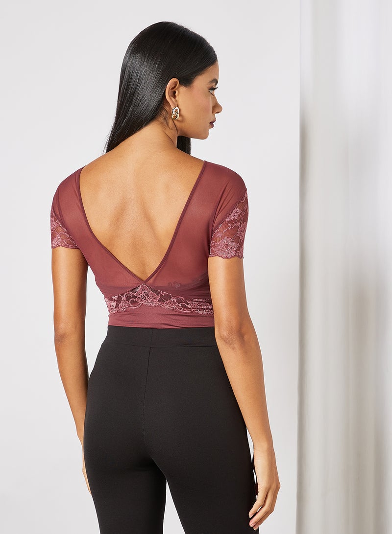 PIECES - Lace Detail Bodysuit Red - Image 1