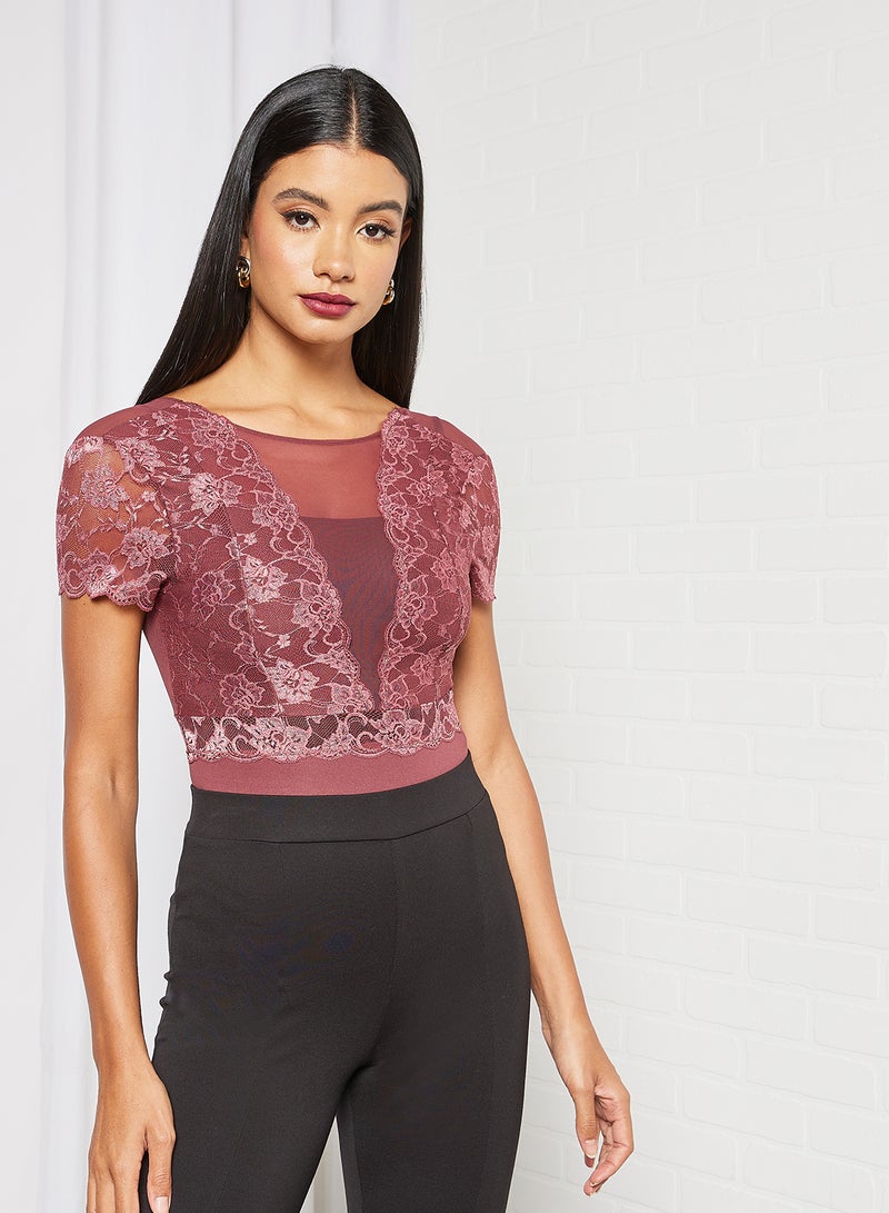 PIECES - Lace Detail Bodysuit Red - Image 1
