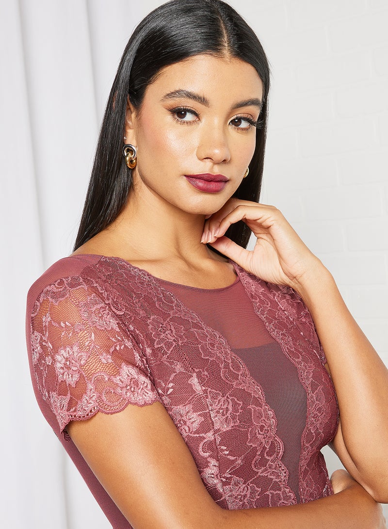 PIECES - Lace Detail Bodysuit Red - Image 1