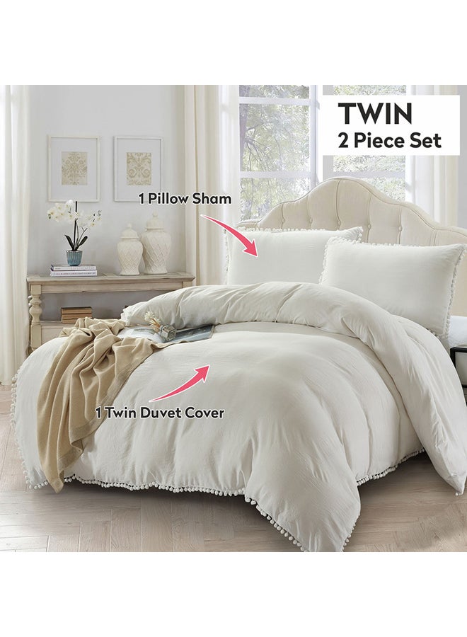 Donetella 2- Piece Pompom Duvet Cover Set Without Filler Single Size Soft Microfiber White Twin none - Image 5