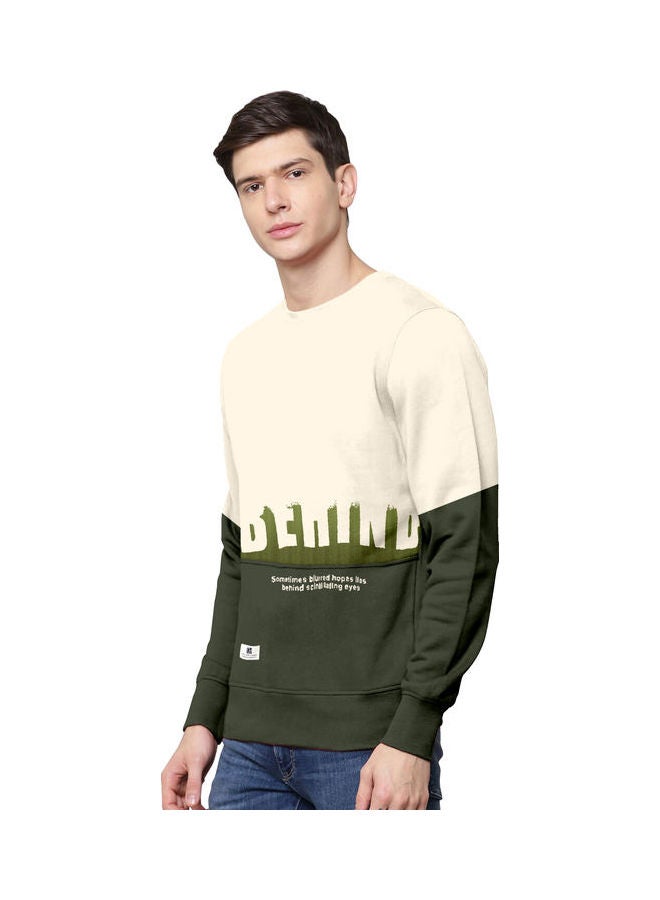 COLOR HUNT Everyday Full Sleeve Sweatshirt Cream/Dark Green  - Image 3