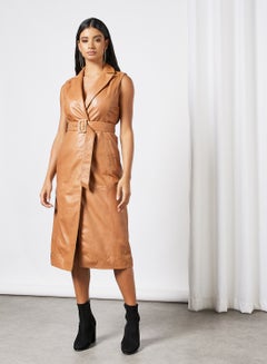 Y.A.S Leather Collared Belted Dress Beige  - Image 3