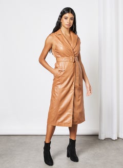 Y.A.S Leather Collared Belted Dress Beige  - Image 1