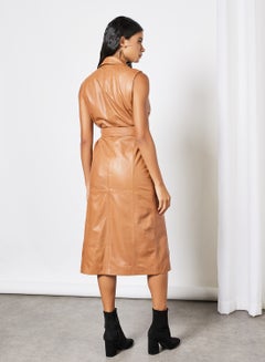 Y.A.S Leather Collared Belted Dress Beige  - Image 2