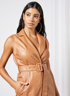 Y.A.S Leather Collared Belted Dress Beige  - Image 4