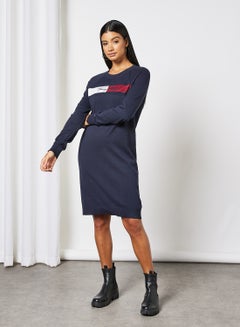 Signature Logo Embroidery Knit Dress Blue