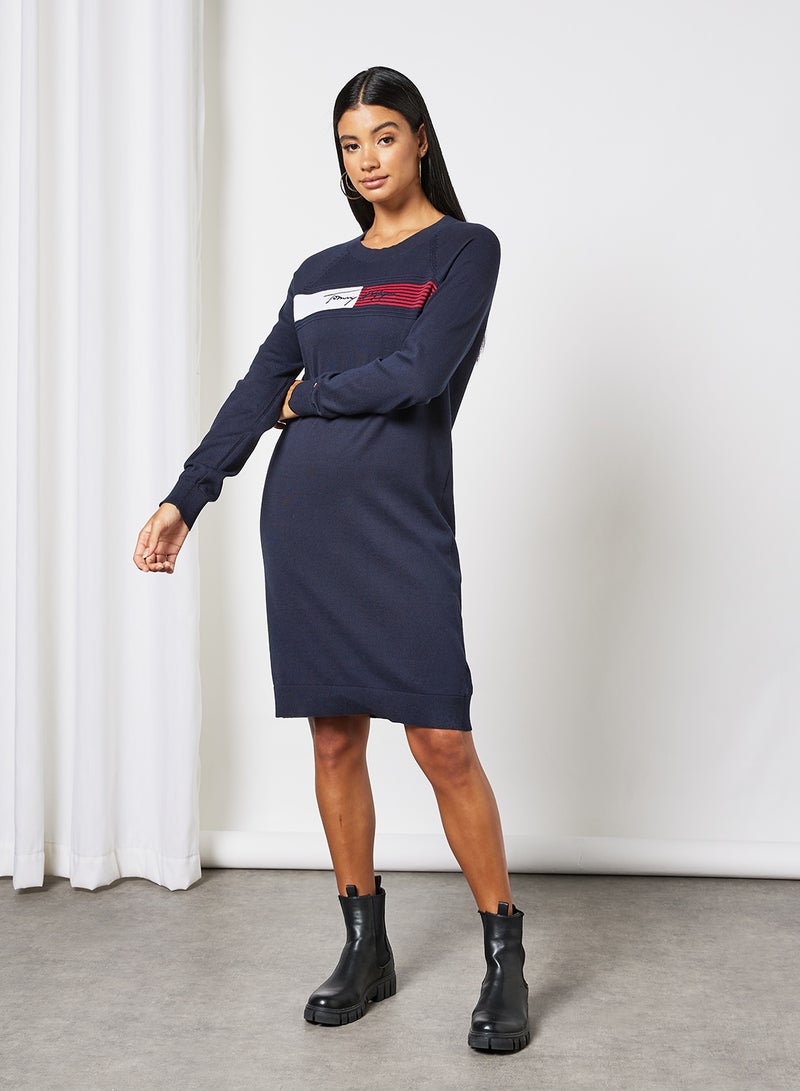 TOMMY HILFIGER - Signature Logo Embroidery Knit Dress Blue - Image 1