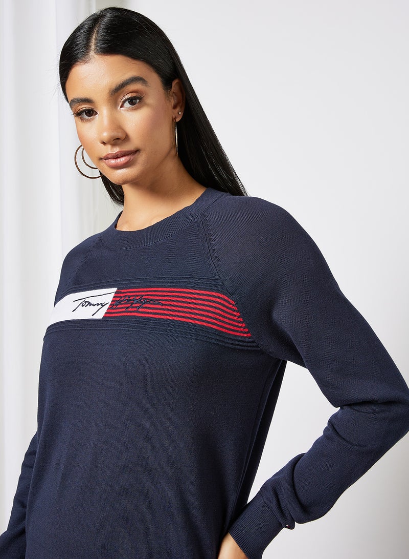 TOMMY HILFIGER - Signature Logo Embroidery Knit Dress Blue - Image 1