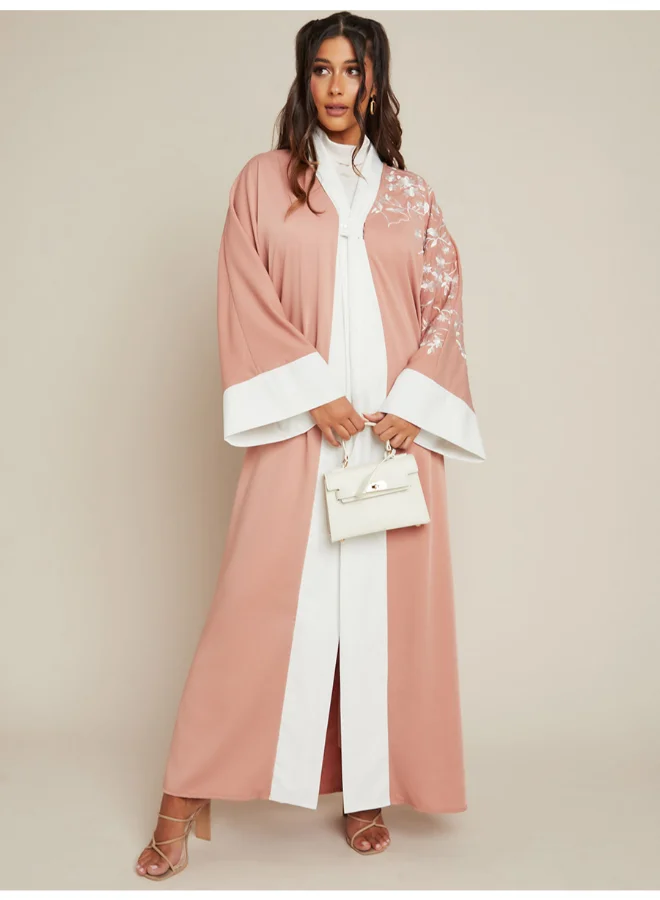 Closet By Styli Embroidered Detail Long Sleeve Maxi Abaya Pink/White