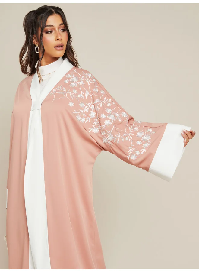 Closet By Styli Embroidered Detail Long Sleeve Maxi Abaya Pink/White