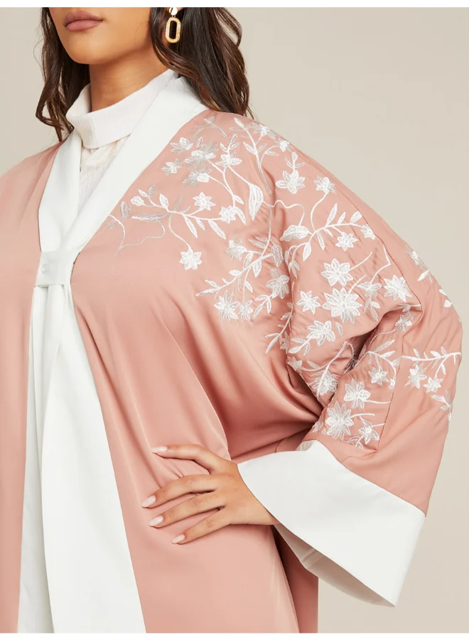 Closet By Styli Embroidered Detail Long Sleeve Maxi Abaya Pink/White