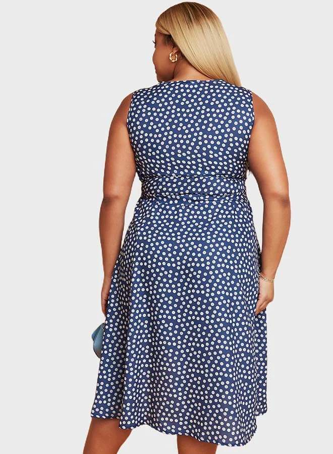 Closet By Styli Sleeveless Polka Dot Printed Dress Blue/White