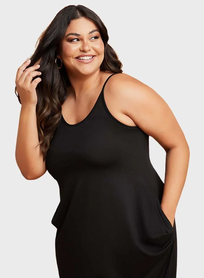 Closet By Styli Side Draped Pocket Strappy Midi Dress Black