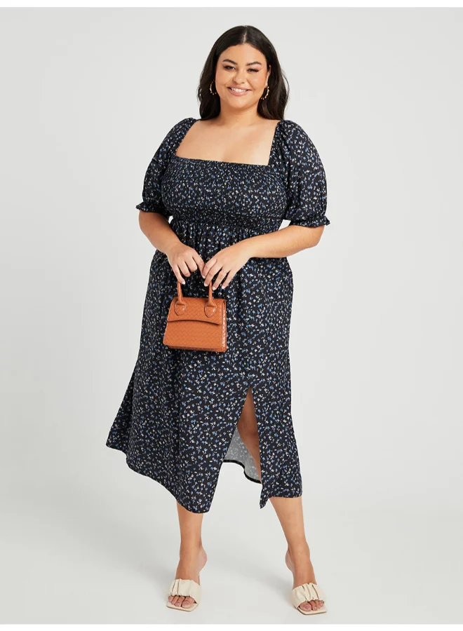 Closet By Styli Ditsy Print Puff Sleeve Midi Dress Multicolour