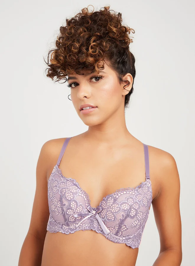 Closet By Styli Contrast Printed Lace Detail Lingerie Sets Lilac