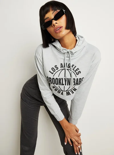 Closet By Styli Brooklyn Babe Slogan Print Cropped Hoodie Grey