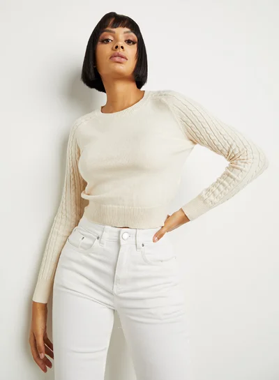 Closet By Styli Cable Pattern Long Sleeves Crop Sweater Beige