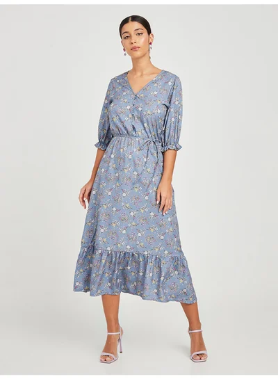 Closet By Styli Floral Print Tie Belt Midi Dress Multicolour