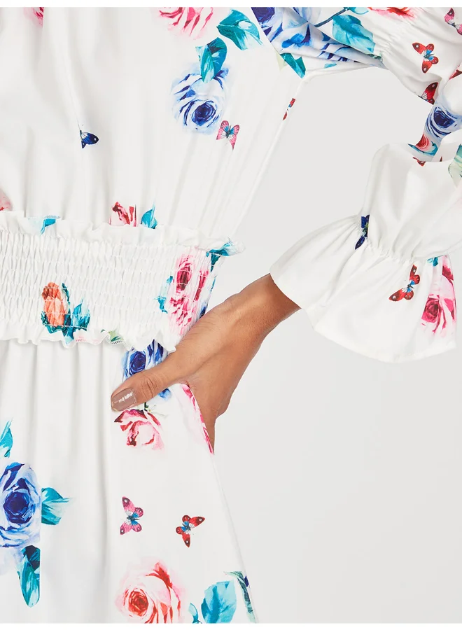 Closet By Styli Floral Print Shirred Waist Midi Dress Multicolour