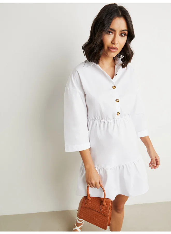 Closet By Styli Button Detail Collared Neck Dress White