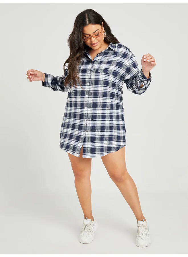 Closet By Styli Checked Shirt Style Mini Dress Blue/White/Grey