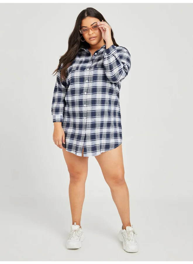 Closet By Styli Checked Shirt Style Mini Dress Blue/White/Grey