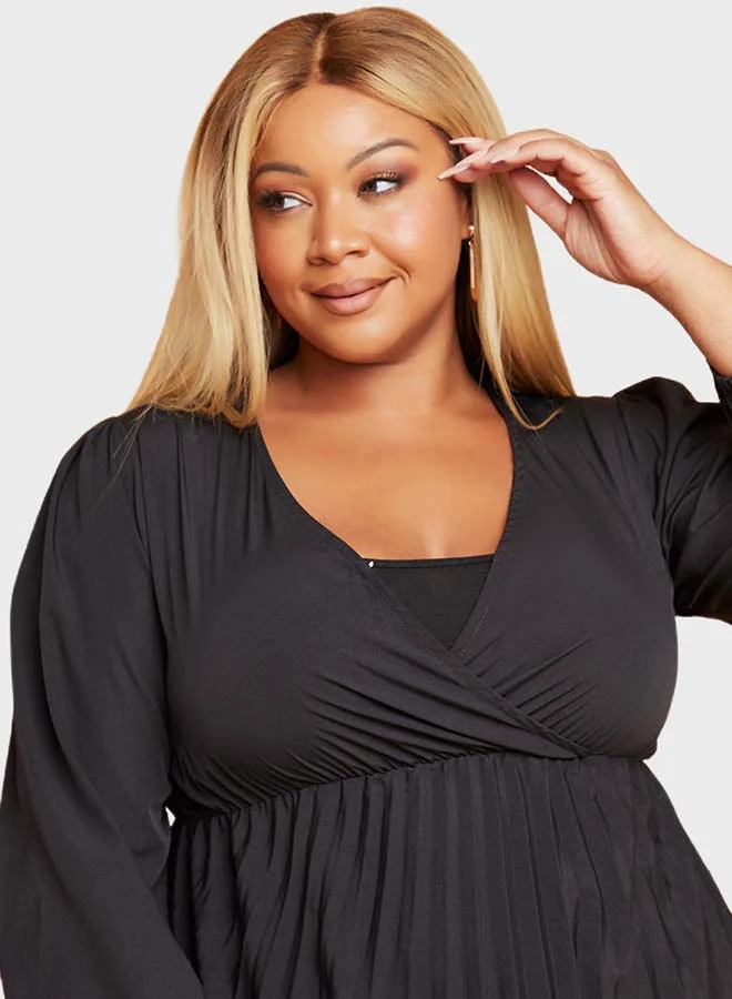 Closet By Styli Pleated Detail Puff Sleeve Midi Dress Black