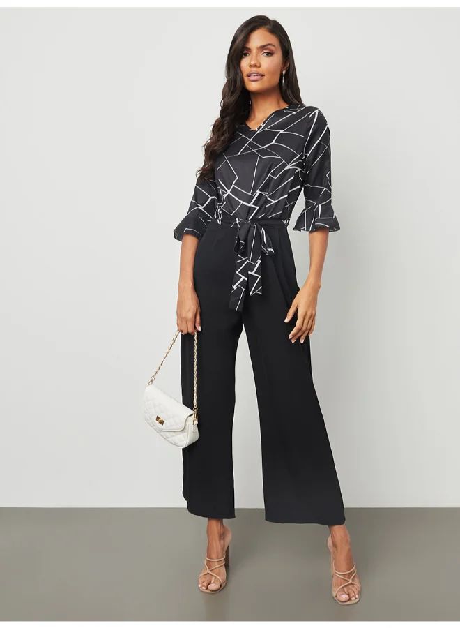 Closet By Styli Abstract Print V-Neck Wide Leg Jumpsuit Black/White