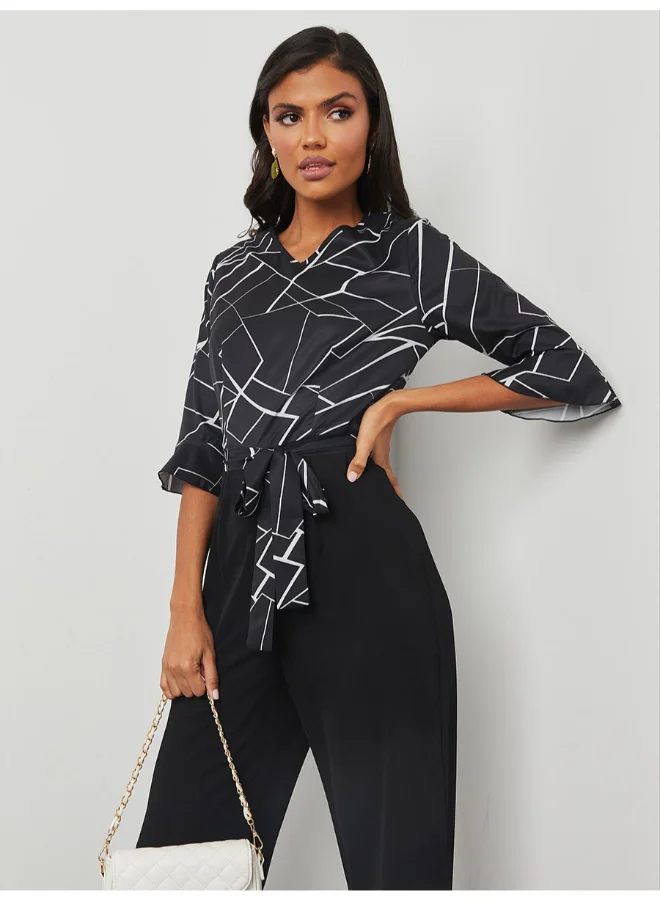 Closet By Styli Abstract Print V-Neck Wide Leg Jumpsuit Black/White