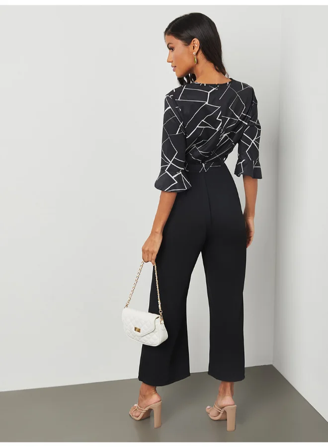 Closet By Styli Abstract Print V-Neck Wide Leg Jumpsuit Black/White