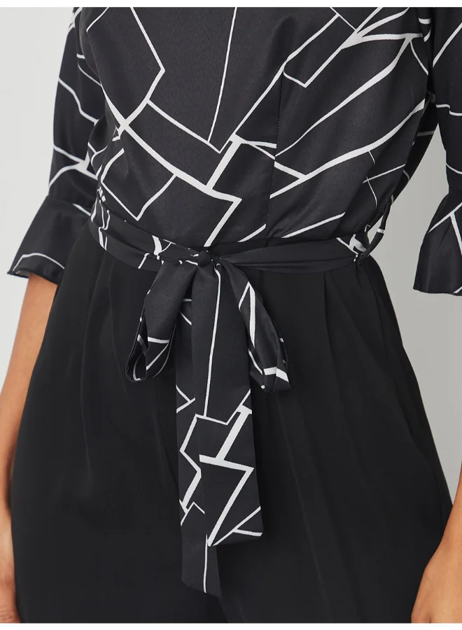 Closet By Styli Abstract Print V-Neck Wide Leg Jumpsuit Black/White